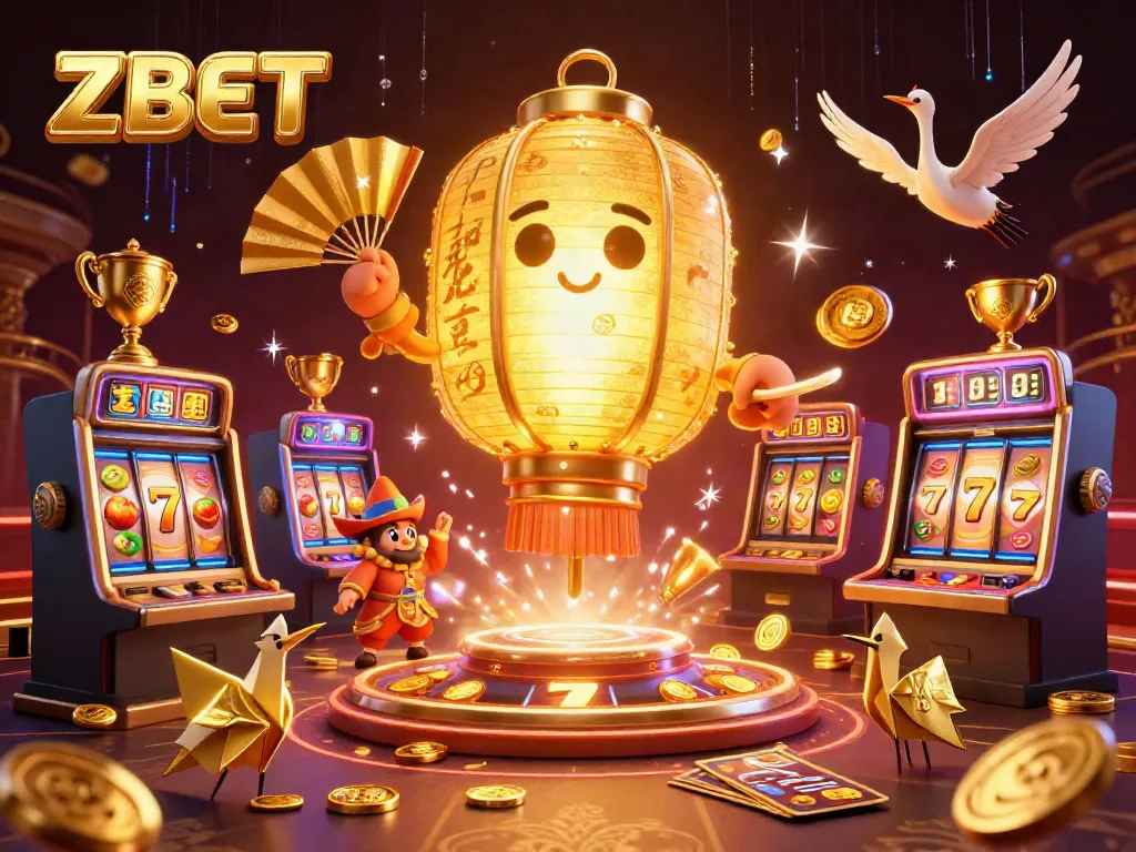 ZBET casino scene featuring a glowing lantern spirit and lucky symbols amidst vibrant slot machines.