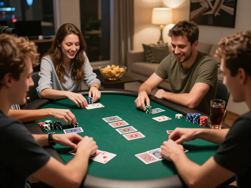 Lu 88 players engaged in a friendly poker night, showcasing camaraderie and strategy.