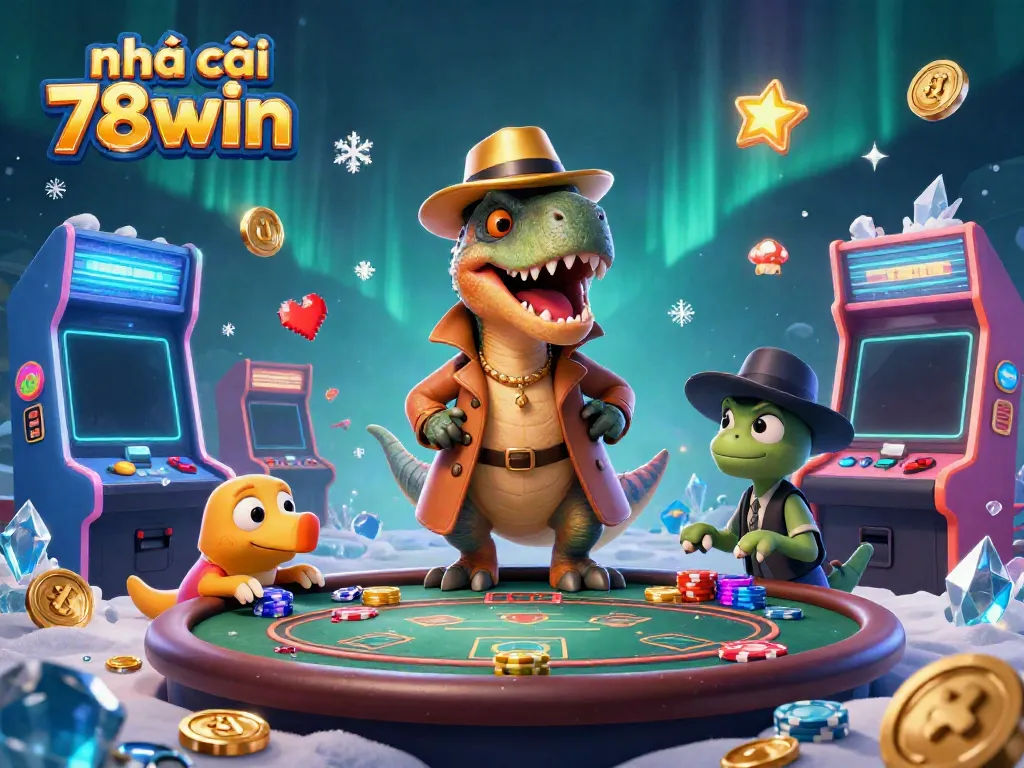 Engaging scene featuring nhà cái 78win with a sly velociraptor at a blackjack table and a suspicious stegosaurus pit boss.