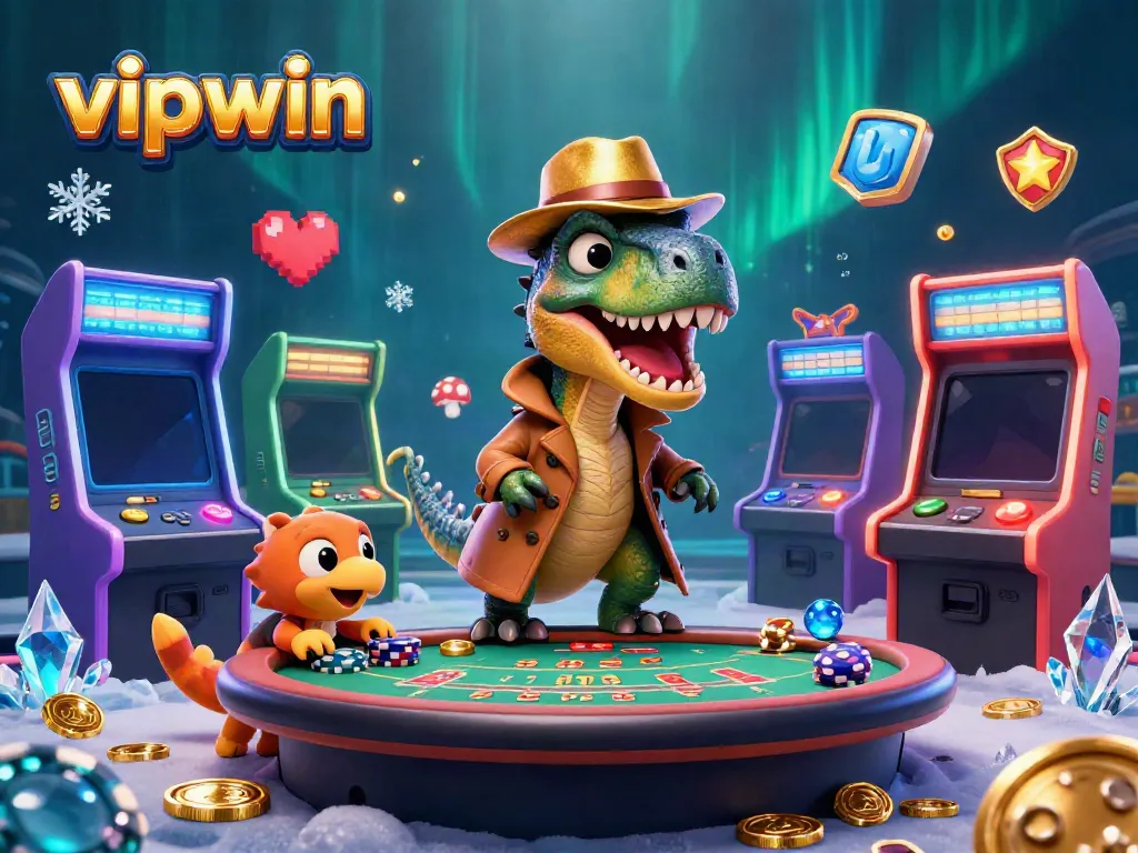 Experience vipwin excitement with a velociraptor card counter and colorful casino elements.