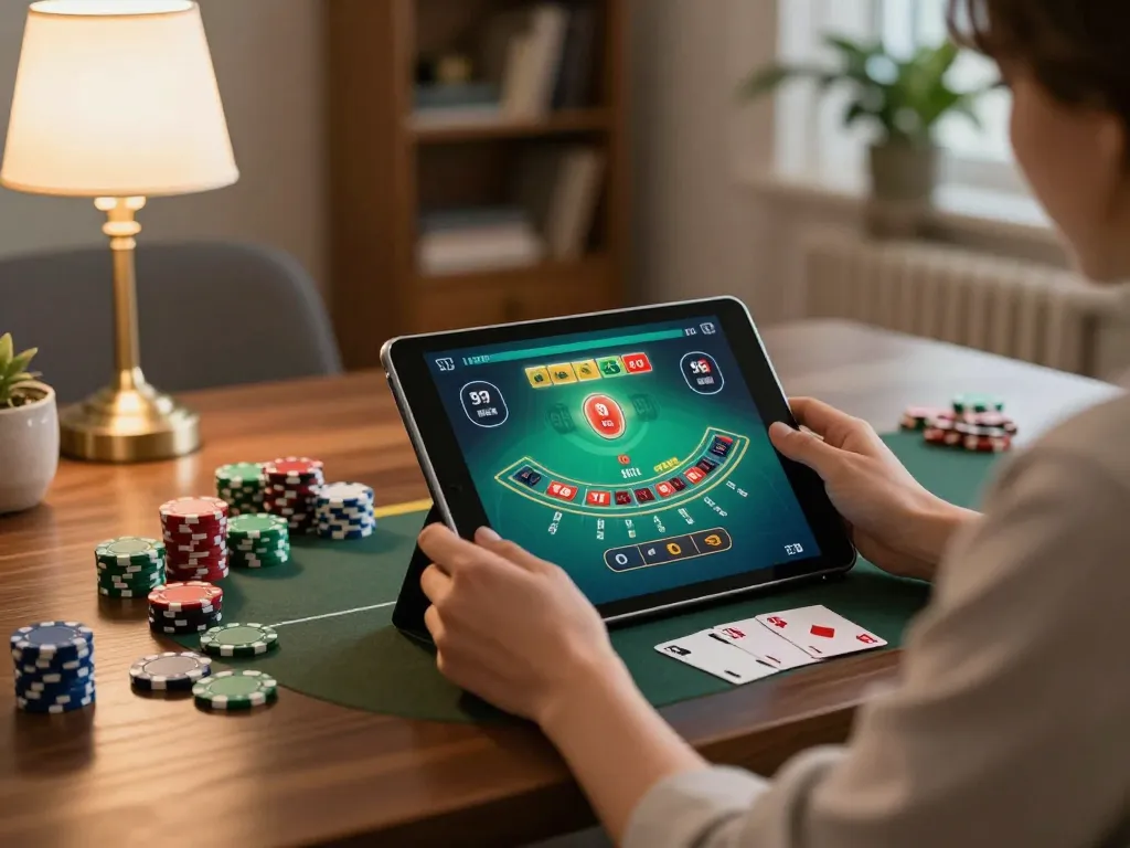 Player engaging in Jun88 đăng nhập for online blackjack gameplay at home, showcasing strategic focus and comfort.