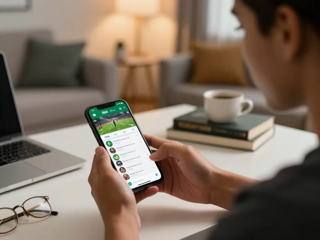 Placing bets on the App 9bet displayed on smartphone in a stylish home office, highlighting mobile gambling.