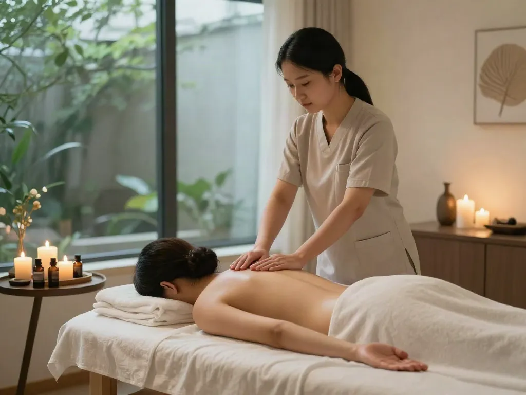 Soothing 의정부출장안마 massage session in tranquil spa room.