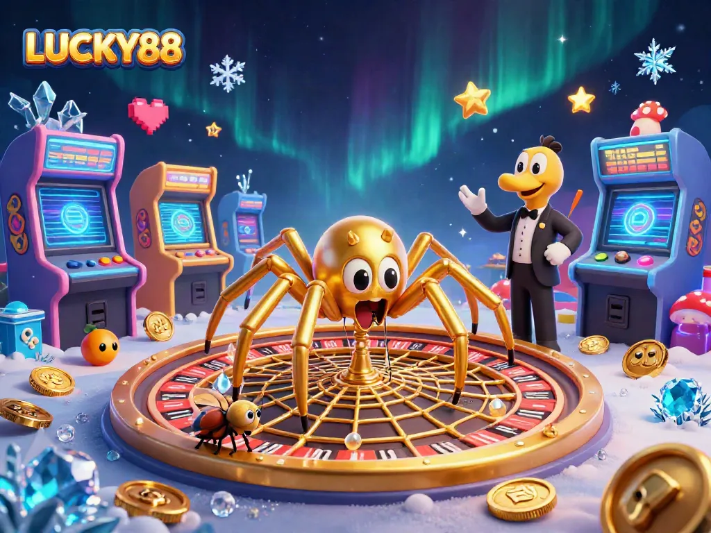 Engage with LUCKY88 as a golden spider spins a roulette wheel in a vibrant casino illustration.