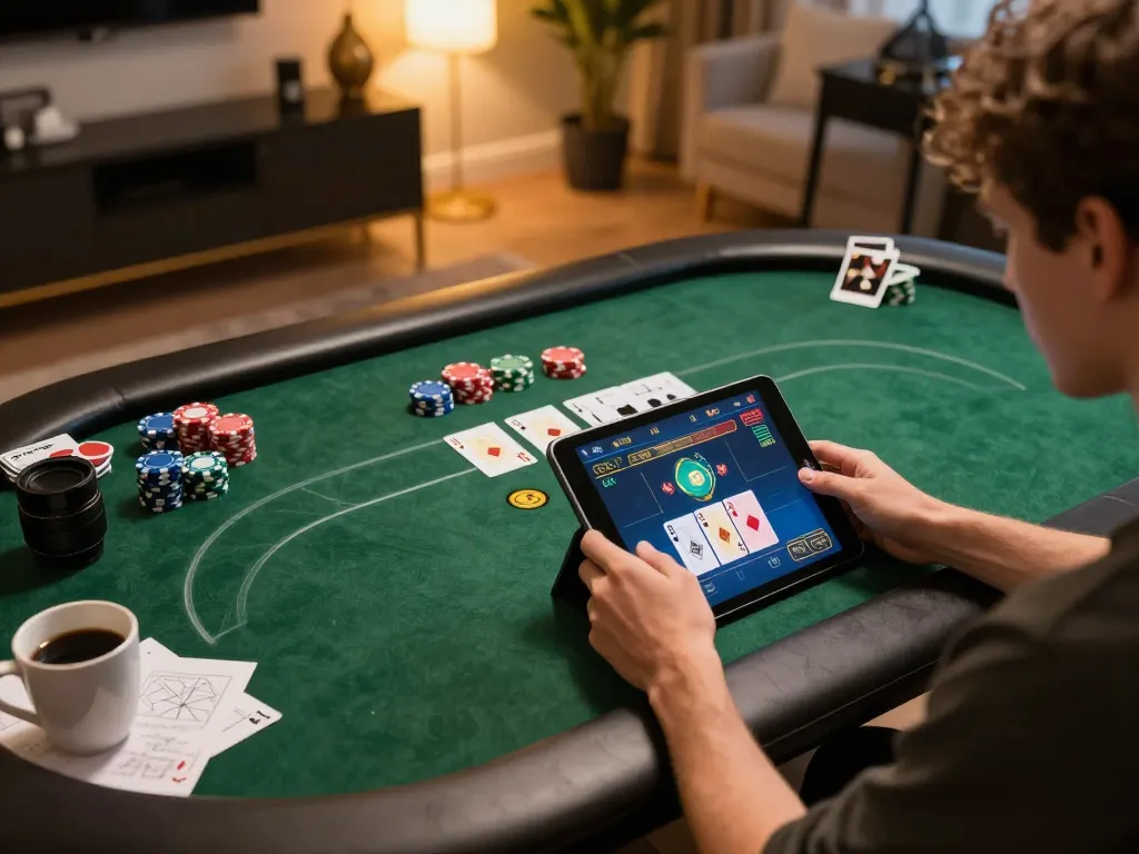 Engaged LL88 player placing bets on the tablet in a comfortable gaming setting