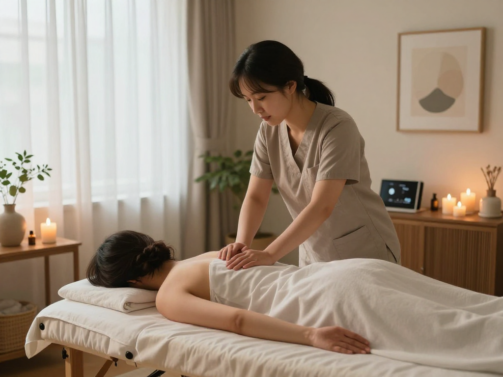 인천출장마사지 in a calming home setting with a therapist and relaxed client.
