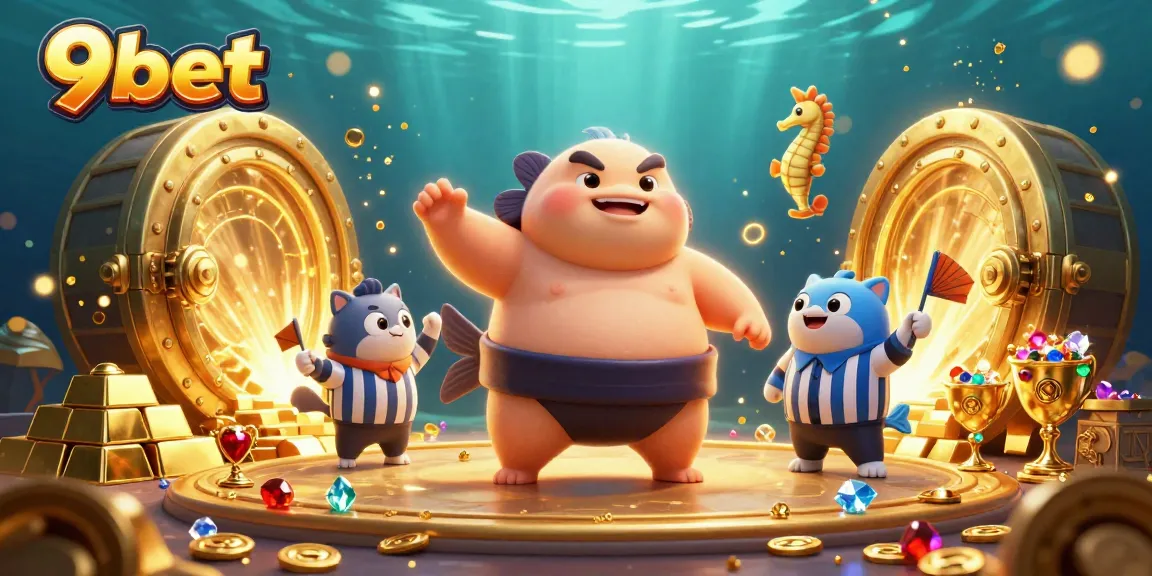 Win big with 9bet in this vibrant underwater casino scene featuring animated characters.