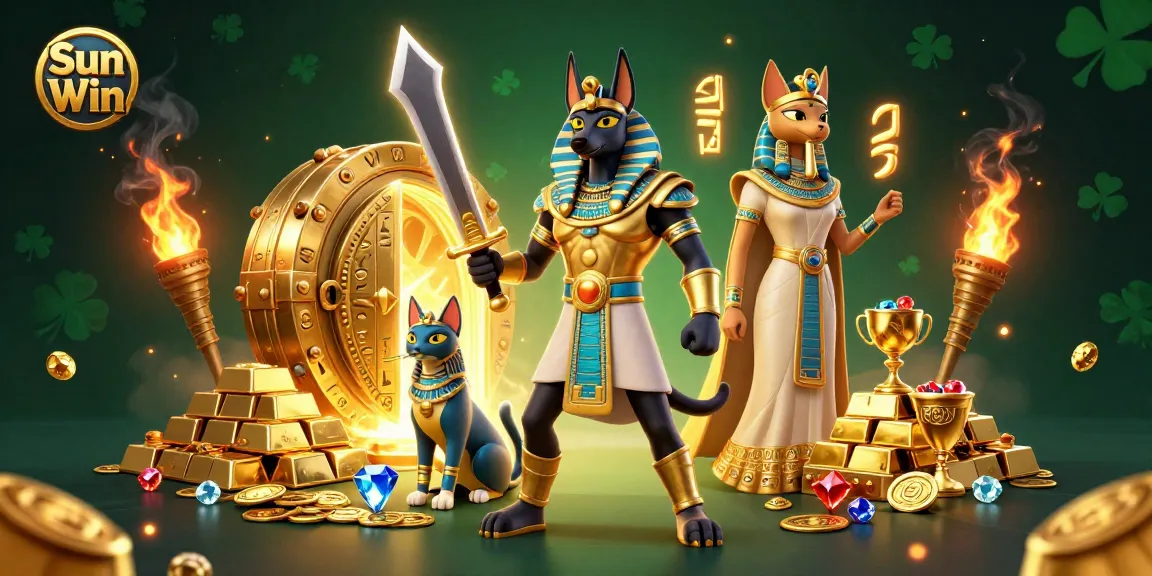 Experience the thrill of Sun Win with Anubis and Bastet among treasures and glowing hieroglyphs.