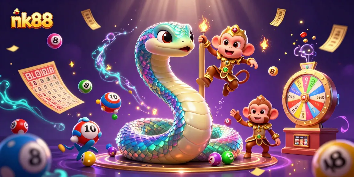 Experience the vibrant magic of nk88 with a rainbow serpent and monkey king amidst colorful lottery elements.