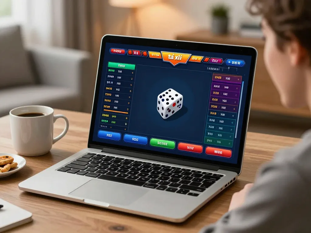 Engaging in online game tài xỉu, showing digital interface and betting excitement at home