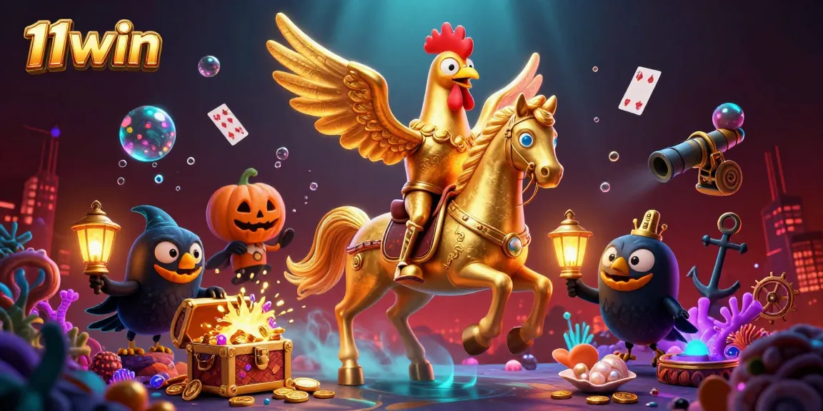 Join the golden rooster on a surreal midnight adventure at 11win casino, amidst treasure and excitement.
