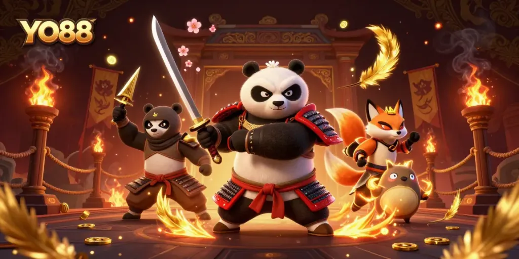 Experience thrilling gameplay with YO88 through a dynamic battle scene featuring vivid characters and rich casino elements.