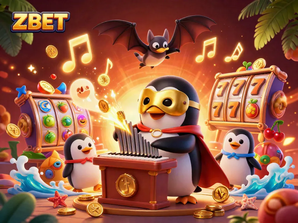 ZBET enhances wins with a lively casino scene featuring a penguin playing golden notes and slot reels.