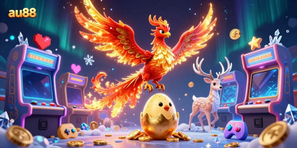 Experience the excitement of au88 with a blazing phoenix scene featuring 3D arcade games and vibrant casino elements.