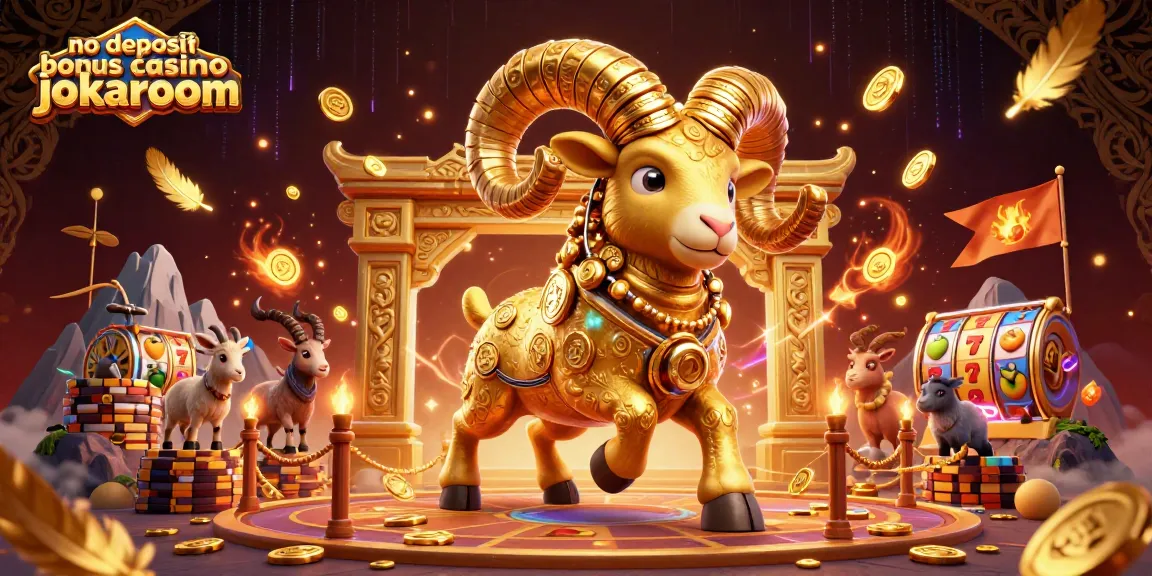 No deposit bonus casino jokaroom showcasing a golden ram charging through a dazzling casino themed scene with slot elements and coins.