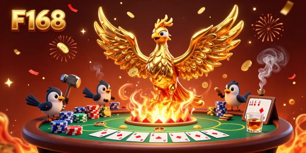 Experience the excitement of F168 with a molten gold phoenix and poker elements in this vibrant casino scene.