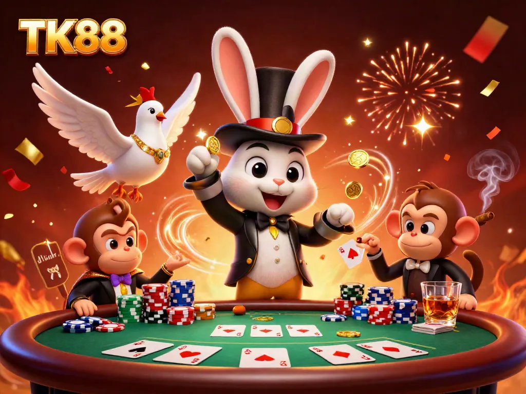 Engaging TK88 themed illustration featuring playful characters at a vibrant poker table.