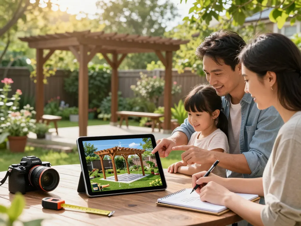 Family using Pergola Configurator Software on a tablet in a bright garden.