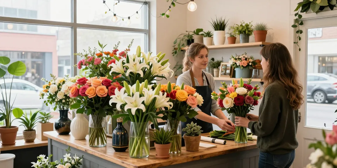 Flower shop St Albert showcasing vibrant bouquets and a friendly florist assisting customers in a welcoming atmosphere.