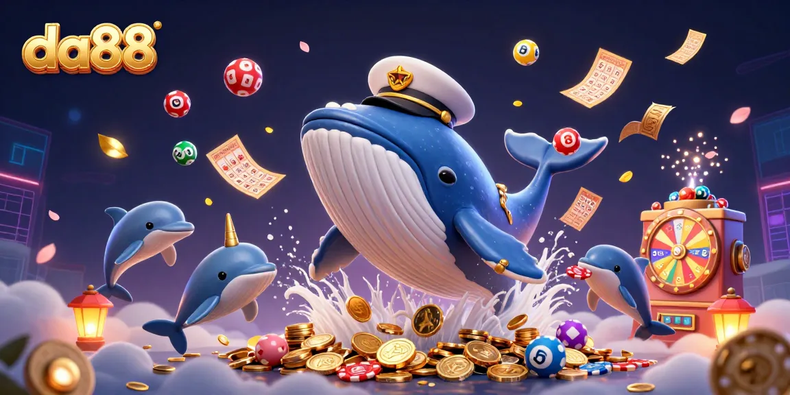 Experience gaming excitement with da88, featuring a whale captain amidst a sea of coins and poker chips.