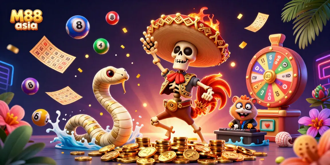 M88 asia brings excitement with a vibrant celebration of online gambling featuring dynamic elements like lottery balls and golden coins.