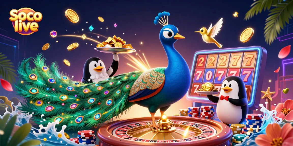 Soco live features a vibrant scene with aristocratic peacock, butler penguin, and a golden hummingbird celebrating a casino win.