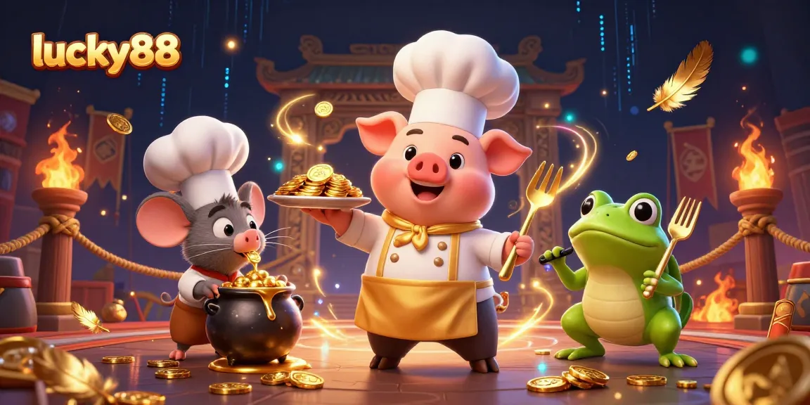 Engaging scene with lucky88 charm featuring a chef pig and tasty gold coins.