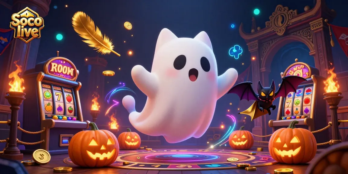 Soco live showcases a playful ghost cat and bat in a vibrant haunted casino with dynamic gaming elements.